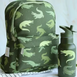 Kindertrinkflasche 0,35 l grün mit Krokodil Motiv - Edelstahlflasche doppelwandig mit Strohhalm & Sporttrinkverschluss