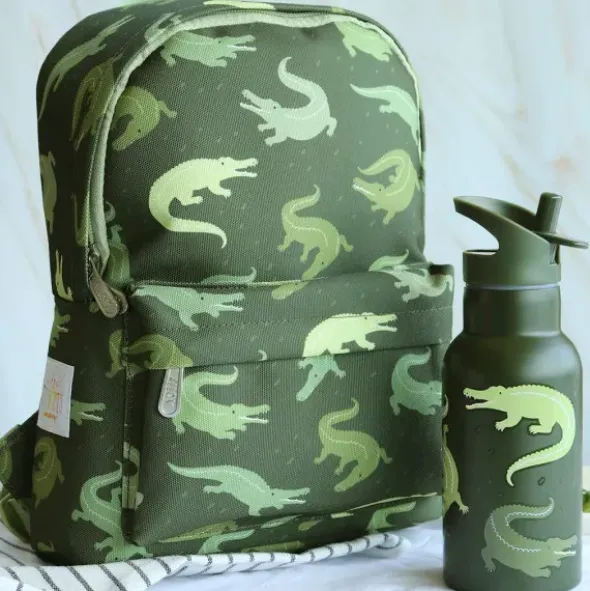 Kindertrinkflasche 0,35 l grün mit Krokodil Motiv - Edelstahlflasche doppelwandig mit Strohhalm & Sporttrinkverschluss