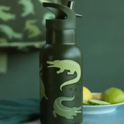 Kindertrinkflasche 0,35 l grün mit Krokodil Motiv - Edelstahlflasche doppelwandig mit Strohhalm & Sporttrinkverschluss