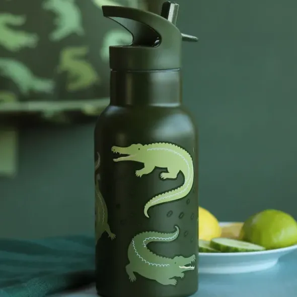Kindertrinkflasche 0,35 l grün mit Krokodil Motiv - Edelstahlflasche doppelwandig mit Strohhalm & Sporttrinkverschluss