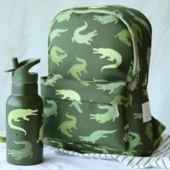 Kindertrinkflasche 0,35 l grün mit Krokodil Motiv - Edelstahlflasche doppelwandig mit Strohhalm & Sporttrinkverschluss