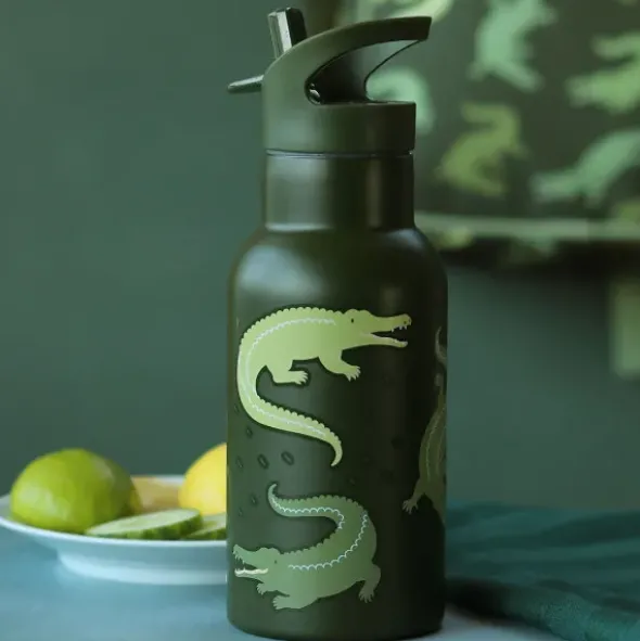 Kindertrinkflasche 0,35 l grün mit Krokodil Motiv - Edelstahlflasche doppelwandig mit Strohhalm & Sporttrinkverschluss
