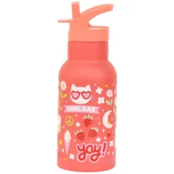 Kindertrinkflasche 0,35 l in korallenrosa mit Stickermotiv - Edelstahlflasche doppelwandig mit Strohhalm & Sporttrinkverschluss