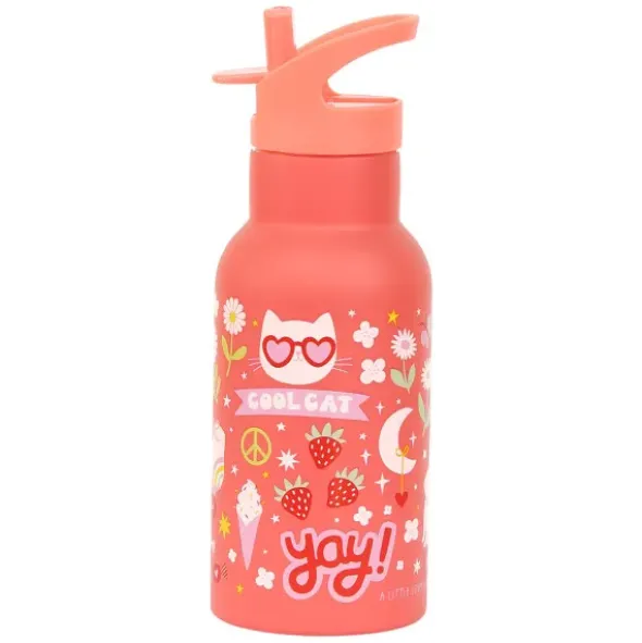 Kindertrinkflasche 0,35 l in korallenrosa mit Stickermotiv - Edelstahlflasche doppelwandig mit Strohhalm & Sporttrinkverschluss