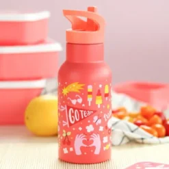 Kindertrinkflasche 0,35 l in korallenrosa mit Stickermotiv - Edelstahlflasche doppelwandig mit Strohhalm & Sporttrinkverschluss
