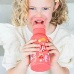 Kindertrinkflasche 0,35 l in korallenrosa mit Stickermotiv - Edelstahlflasche doppelwandig mit Strohhalm & Sporttrinkverschluss