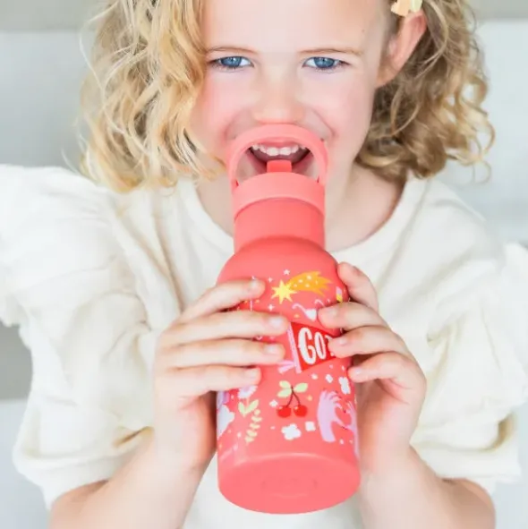 Kindertrinkflasche 0,35 l in korallenrosa mit Stickermotiv - Edelstahlflasche doppelwandig mit Strohhalm & Sporttrinkverschluss