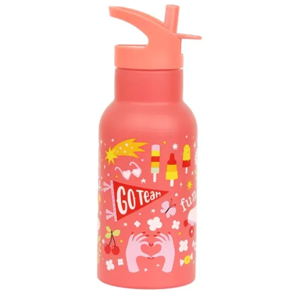 Kindertrinkflasche 0,35 l in korallenrosa mit Stickermotiv - Edelstahlflasche doppelwandig mit Strohhalm & Sporttrinkverschluss