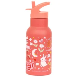 Kindertrinkflasche 0,35 l in korallenrosa mit Stickermotiv - Edelstahlflasche doppelwandig mit Strohhalm & Sporttrinkverschluss