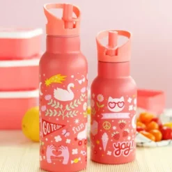 Kindertrinkflasche 0,35 l in korallenrosa mit Stickermotiv - Edelstahlflasche doppelwandig mit Strohhalm & Sporttrinkverschluss