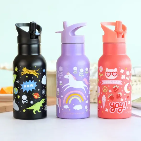 Kindertrinkflasche 0,35 l in korallenrosa mit Stickermotiv - Edelstahlflasche doppelwandig mit Strohhalm & Sporttrinkverschluss
