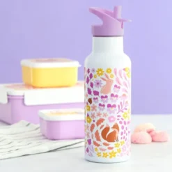 Kindertrinkflasche 0,5 l lila Blumengarten - Edelstahlflasche doppelwandig mit Strohhalm & Sporttrinkverschluss