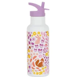 Kindertrinkflasche 0,5 l lila Blumengarten - Edelstahlflasche doppelwandig mit Strohhalm & Sporttrinkverschluss