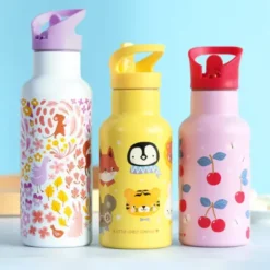 Kindertrinkflasche 0,5 l lila Blumengarten - Edelstahlflasche doppelwandig mit Strohhalm & Sporttrinkverschluss