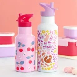 Kindertrinkflasche 0,5 l lila Blumengarten - Edelstahlflasche doppelwandig mit Strohhalm & Sporttrinkverschluss