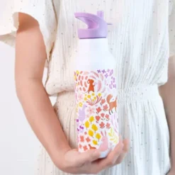 Kindertrinkflasche 0,5 l lila Blumengarten - Edelstahlflasche doppelwandig mit Strohhalm & Sporttrinkverschluss