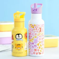 Kindertrinkflasche 0,5 l lila Blumengarten - Edelstahlflasche doppelwandig mit Strohhalm & Sporttrinkverschluss