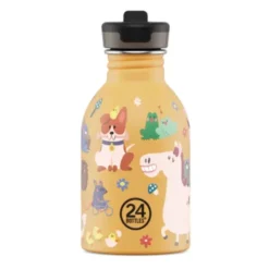 Kindertrinkflasche 0,25 l mit Bauernhof Motiv – Edelstahlflasche orange mit Sporttrinkverschluss und Strohhalm