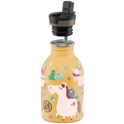 Kindertrinkflasche 0,25 l mit Bauernhof Motiv – Edelstahlflasche orange mit Sporttrinkverschluss und Strohhalm