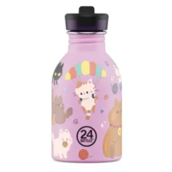 Kindertrinkflasche 0,25 l mit Katzen Motiv – Edelstahlflasche in rosa mit Sporttrinkverschluss und Strohhalm