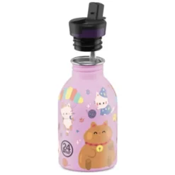 Kindertrinkflasche 0,25 l mit Katzen Motiv – Edelstahlflasche in rosa mit Sporttrinkverschluss und Strohhalm