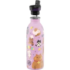 Kindertrinkflasche 0,5 l mit Katzen Motiv – rosa Edelstahlflasche mit Sporttrinkverschluss und Strohhalm