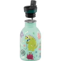 Kindertrinkflasche 0,25 l mit Monster Motiv – Edelstahlflasche in mint mit Sporttrinkverschluss und Strohhalm