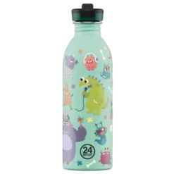 Kindertrinkflasche 0,5 l mit Monster Motiv – Edelstahlflasche in mint mit Sporttrinkverschluss und Strohhalm