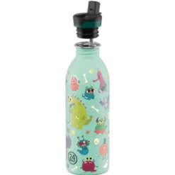 Kindertrinkflasche 0,5 l mit Monster Motiv – Edelstahlflasche in mint mit Sporttrinkverschluss und Strohhalm
