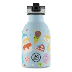 Kindertrinkflasche 0,25 l mit Süßigkeiten Motiv - Edelstahlflasche mit Strohhalm und Sporttrinkverschluss