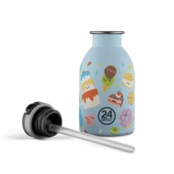 Kindertrinkflasche 0,25 l mit Süßigkeiten Motiv - Edelstahlflasche mit Strohhalm und Sporttrinkverschluss