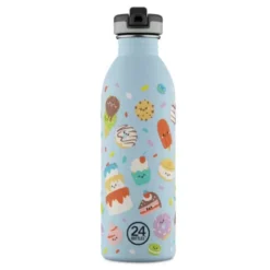 Kindertrinkflasche 0,5 l mit Süßigkeiten Motiv - Edelstahlflasche mit Strohhalm und Sporttrinkverschluss