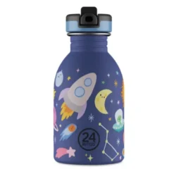 Kindertrinkflasche 0,25 l mit Weltall Motiv - Edelstahlflasche mit Strohhalm und Sporttrinkverschluss