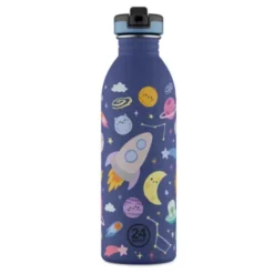 Kindertrinkflasche 0,5 l mit Weltall Motiv - Edelstahlflasche mit Strohhalm und Sporttrinkverschluss