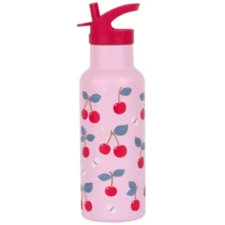 Kindertrinkflasche 0,5 l rosa mit Kirschen Motiv - Edelstahlflasche doppelwandig mit Strohhalm & Sporttrinkverschluss