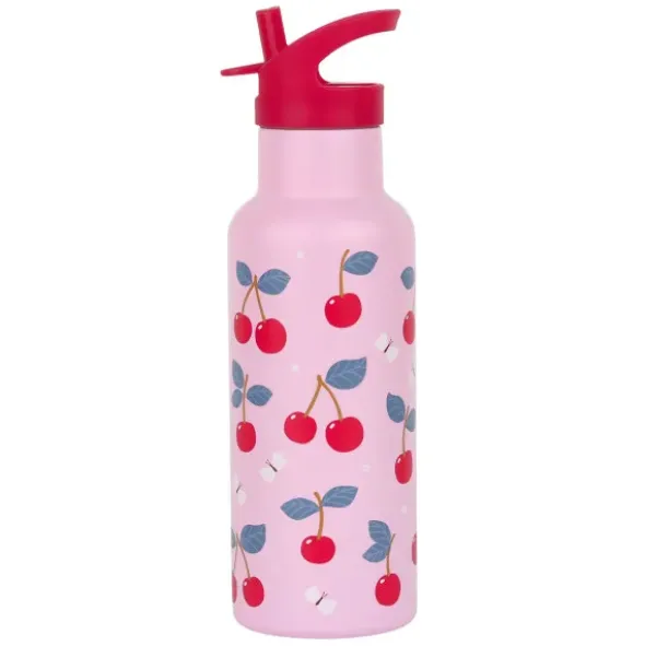 Kindertrinkflasche 0,5 l rosa mit Kirschen Motiv - Edelstahlflasche doppelwandig mit Strohhalm & Sporttrinkverschluss