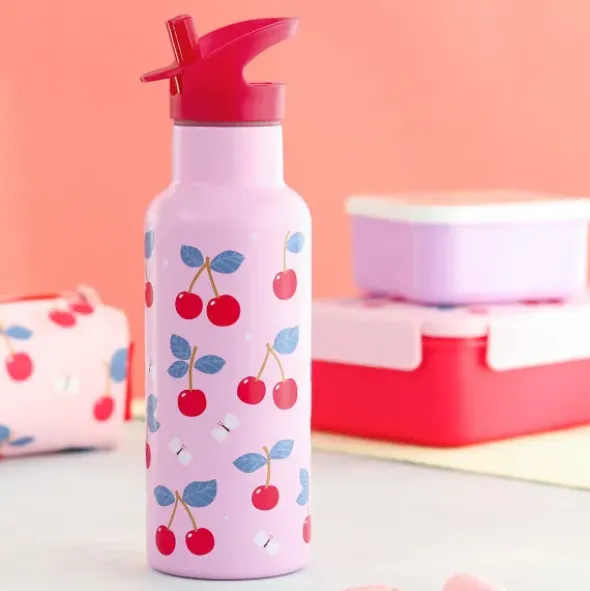 Kindertrinkflasche 0,5 l rosa mit Kirschen Motiv - Edelstahlflasche doppelwandig mit Strohhalm & Sporttrinkverschluss