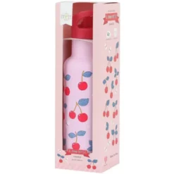 Kindertrinkflasche 0,5 l rosa mit Kirschen Motiv - Edelstahlflasche doppelwandig mit Strohhalm & Sporttrinkverschluss