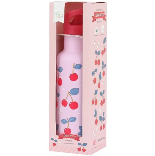 Kindertrinkflasche 0,5 l rosa mit Kirschen Motiv - Edelstahlflasche doppelwandig mit Strohhalm & Sporttrinkverschluss