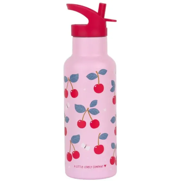 Kindertrinkflasche 0,5 l rosa mit Kirschen Motiv - Edelstahlflasche doppelwandig mit Strohhalm & Sporttrinkverschluss