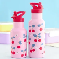 Kindertrinkflasche 0,5 l rosa mit Kirschen Motiv - Edelstahlflasche doppelwandig mit Strohhalm & Sporttrinkverschluss
