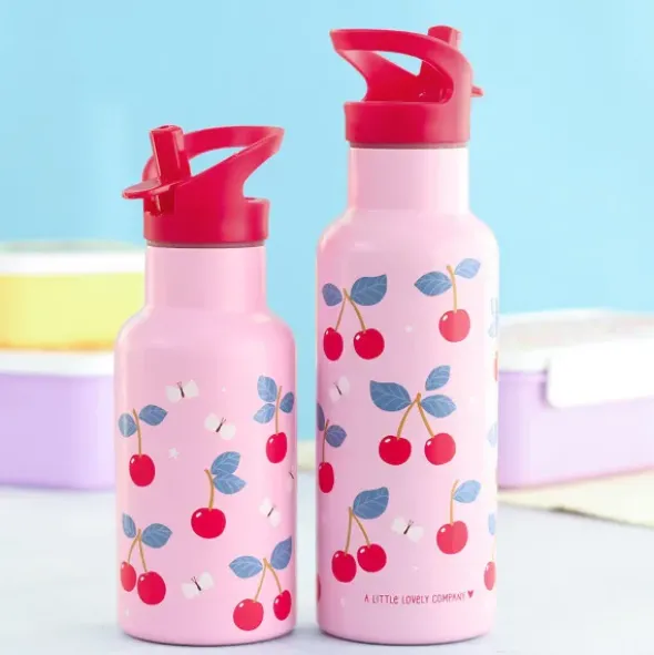 Kindertrinkflasche 0,5 l rosa mit Kirschen Motiv - Edelstahlflasche doppelwandig mit Strohhalm & Sporttrinkverschluss
