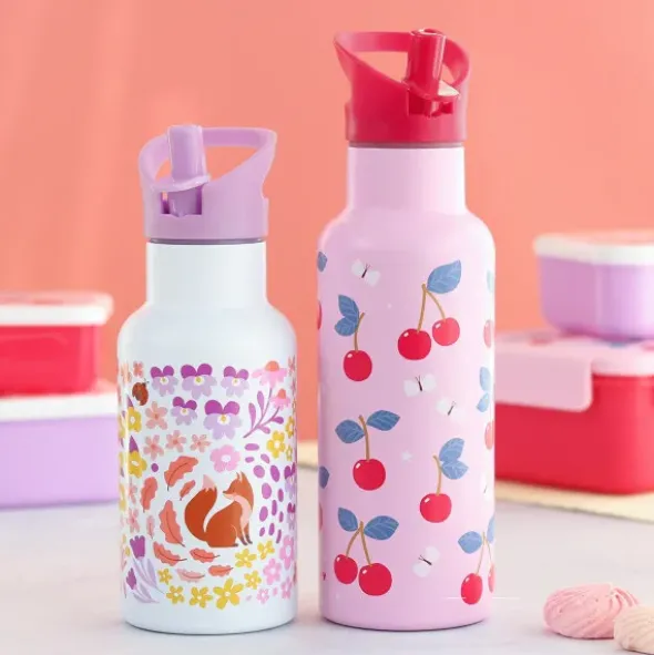 Kindertrinkflasche 0,5 l rosa mit Kirschen Motiv - Edelstahlflasche doppelwandig mit Strohhalm & Sporttrinkverschluss