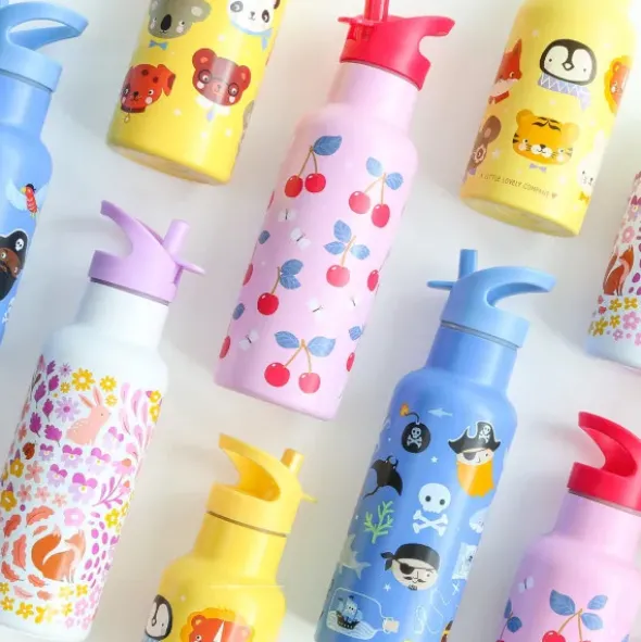 Kindertrinkflasche 0,5 l rosa mit Kirschen Motiv - Edelstahlflasche doppelwandig mit Strohhalm & Sporttrinkverschluss