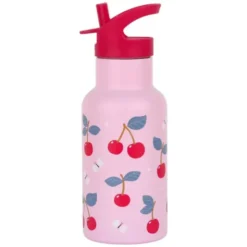 Kindertrinkflasche 0,35 l rosa mit Kirschen Motiv - Edelstahlflasche doppelwandig mit Strohhalm & Sporttrinkverschluss