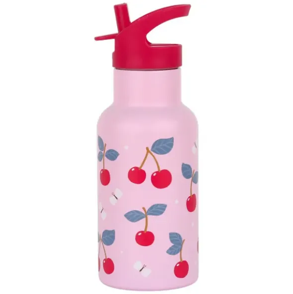 Kindertrinkflasche 0,35 l rosa mit Kirschen Motiv - Edelstahlflasche doppelwandig mit Strohhalm & Sporttrinkverschluss