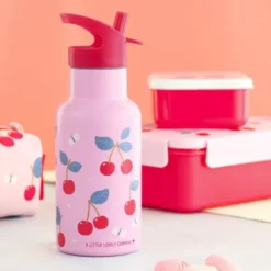 Kindertrinkflasche 0,35 l rosa mit Kirschen Motiv - Edelstahlflasche doppelwandig mit Strohhalm & Sporttrinkverschluss