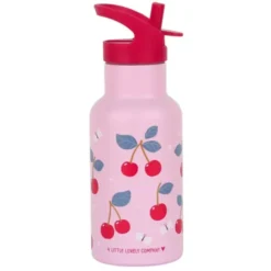 Kindertrinkflasche 0,35 l rosa mit Kirschen Motiv - Edelstahlflasche doppelwandig mit Strohhalm & Sporttrinkverschluss