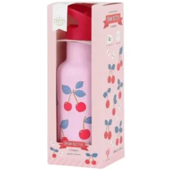 Kindertrinkflasche 0,35 l rosa mit Kirschen Motiv - Edelstahlflasche doppelwandig mit Strohhalm & Sporttrinkverschluss