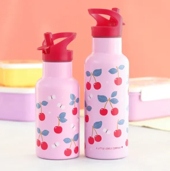 Kindertrinkflasche 0,35 l rosa mit Kirschen Motiv - Edelstahlflasche doppelwandig mit Strohhalm & Sporttrinkverschluss